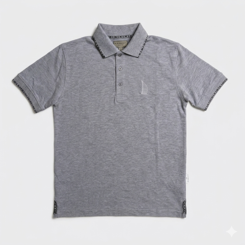 Premium Heather Grey Polo with Patterned Trim